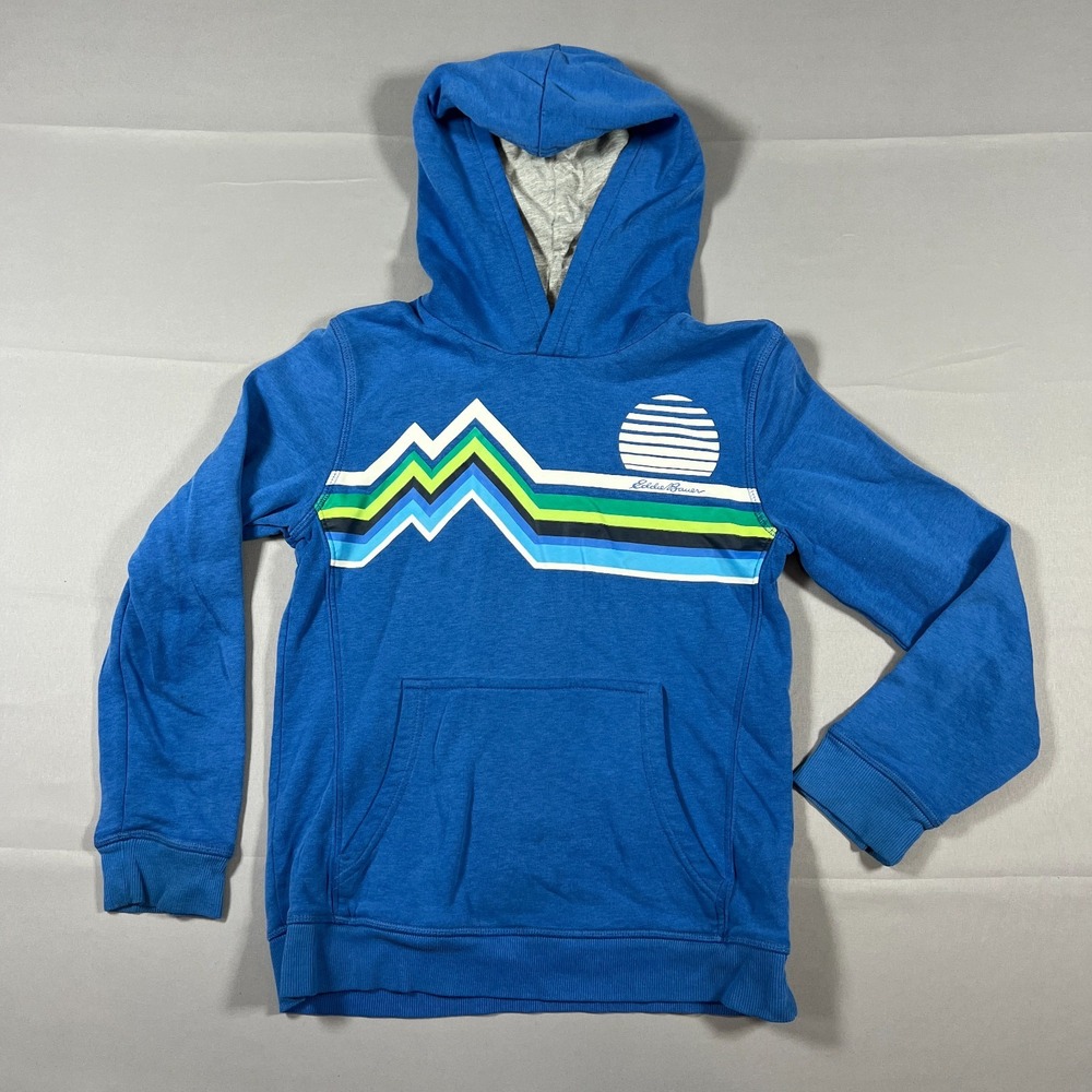 Eddie Bauer Hoodie Kids Medium 10-12 Blue Fleece Lined Logo Print Long Sleeve